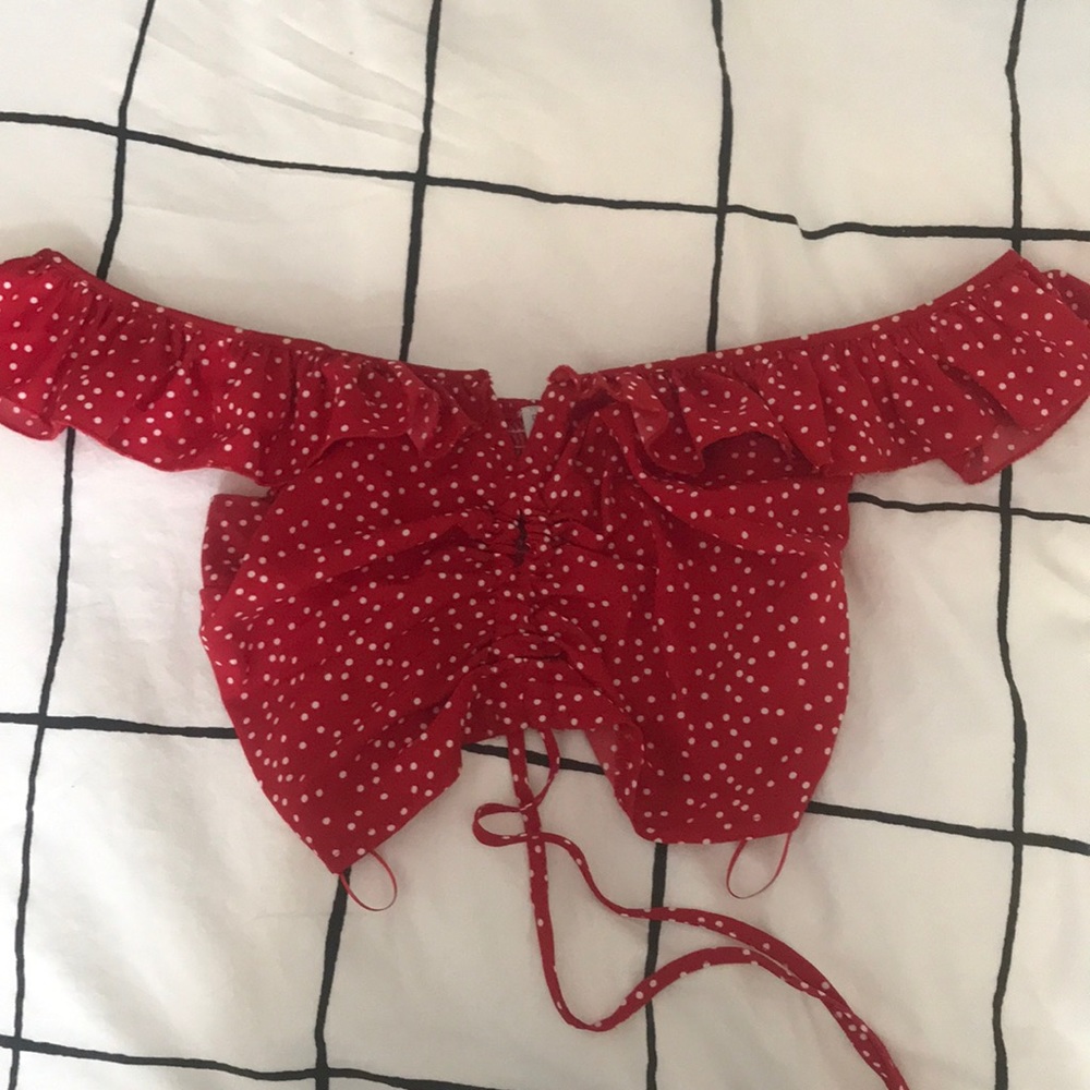 red polka dot off the shoulder crop top